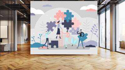 Teamwork jigsaw puzzle concept, flat tiny persons vector illustration Wall mural