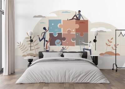 Teamwork puzzle and work collaboration with partnership tiny person concept, transparent background. Jigsaw pieces match and assemble as business problem solution symbol illustration. Wall mural