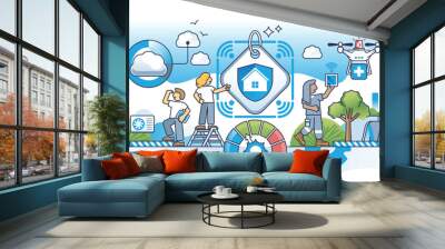 Technological breakthrough in home and medical security outline concept. Modern progress for safe protection from threat vector illustration. Risk prevention with innovative and smart tech services. Wall mural