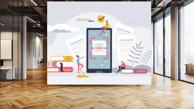 Text recognition and scanning system for image to letters tiny person concept. Mobile phone software application for helpful document transformation from photo to digital document vector illustration. Wall mural