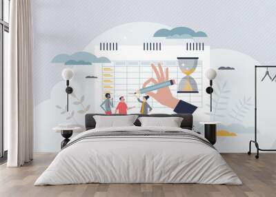 Timesheets and time schedule for personell work hours tiny person concept. Monthly, weekly or annual period calendar with meeting planning and project organization information vector illustration. Wall mural