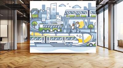 Transportation services and urban road or rail infrastructure outline concept. Public bus, train, metro or taxi car for passenger movement network vector illustration. City transport connections. Wall mural