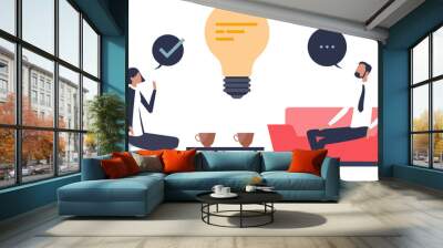 Two people in a discussion, lightbulb symbolizing idea exchange, highlighting effective communication. Wall mural