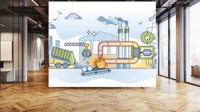 Waste to energy and garbage burning for electricity and heat outline diagram, transparent background Wall mural