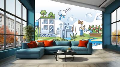 Water conservation in city with rainwater collection and reusage in garden outline concept, transparent background. Save drinking water in urban environment illustration. Wall mural