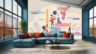 Work cooperation, partnership and teamwork for job task tiny person concept. Successful and productive strategy to reach goal with unity and working together vector illustration. Effective development Wall mural