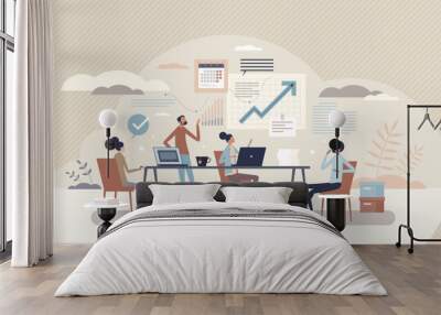 Working team and business group teamwork for success project development tiny person concept. Communication in office meeting about company future strategy vector illustration. Partners assistance. Wall mural