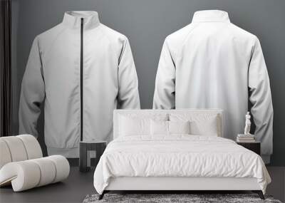 Blank white jacket mockup on grey background, front and back view Wall mural