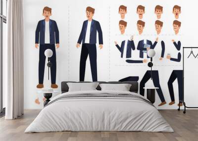 Man with mustache character for motion design with facial expressions, hand gestures, body and leg movement illustration Wall mural