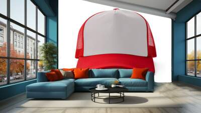 Red and white trucker hat mockup, Front view Wall mural