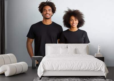 Young african american couple in blank black t-shirt for clothing mockup Wall mural