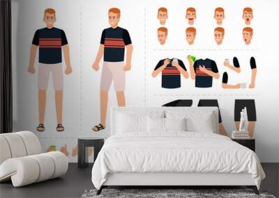 Young man in casual clothes with various facial expressions, hand gestures, body and leg movement illustration. Cartoon character for motion design animation Wall mural