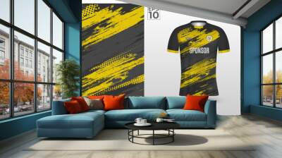 Black yellow t-shirt sport design template with abstract grunge textured pattern for soccer jersey. Sport uniform in front view. Tshirt mock up for sport club. Vector Illustration Wall mural