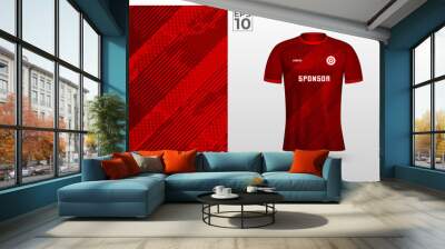 Red t-shirt sport design template with abstract line halftone pattern for soccer jersey. Sport uniform in front view. Tshirt mock up for sport club. Vector Illustration Wall mural