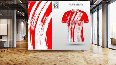 Red white T shirt sport design template with abstract grunge textured pattern for soccer jersey, motocross, cycling, fishing, football, gaming. Tshirt mock up for sport club. Vector illustration Wall mural