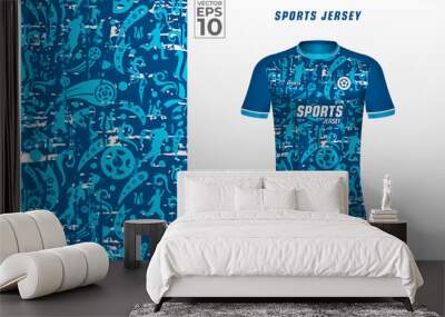 T-shirt sport design template with football pattern blue background for soccer jersey. Sport uniform in front view. Tshirt mock up for sport club. Vector Illustration Wall mural