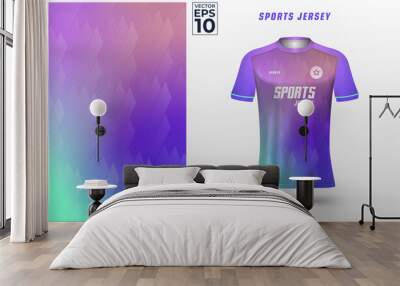 T-shirt sport design template with geometric and line wave pattern on colorful gradient background. Sport uniform in front view. Shirt mock up for sport club. Vector Illustration Wall mural