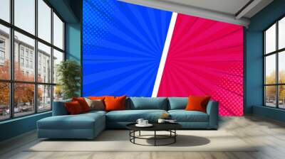 Comic colorful frames composition with halftone slanted lines radial rays humor effects in pink blue colors. Vector illustration Wall mural