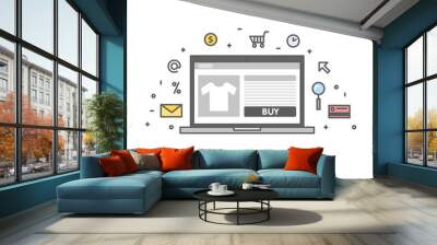 Online shop concept line illustration. Laptop with web page screen and linear icon vector Wall mural