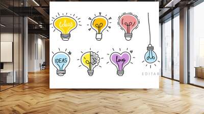 Vector Set of Hand drawn Light Bulbs and Wires. Symbol of Hanging light bulb idea, brainstorm and love valentines day. Editable outline stroke Wall mural