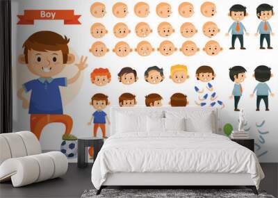 Boy kid playing football and toys vector cartoon child character constructor isolated icons body parts, hair or legs, arms and face emotions. Construction set for create young boy child playing sports Wall mural