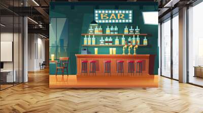 Empty city bar or pub at evening cartoon vector retro interior. Stools row near bar counter, shelves with alcohol bottles, glowing signboard, cool beverages in fridge, tables and chairs illustration Wall mural