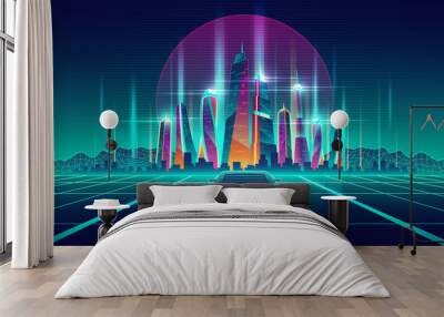 Future city digital simulation in virtual reality cartoon vector futuristic background. Racing car going on glossy surface with neon grid to metropolis illuminated skyscrapers buildings illustration Wall mural