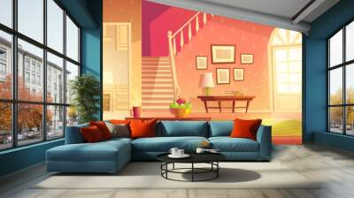 Home interior with hallway entrance, stairs on second floor and furniture. Bright hall, living room and kitchen apartment background with hanger, armchairs, tables, carpet. Cartoon vector illustration Wall mural