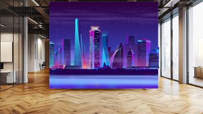 Modern metropolis cartoon vector night urban background in neon colors. Futuristic architecture illuminated skyscrapers, city district on artificial island connected with coast by bridge illustration Wall mural