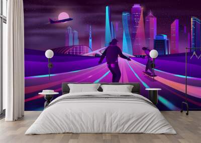 Modern metropolis nightlife neon color cartoon vector. Young men, teenager skateboarders riding skateboards on city road or highway, futuristic skyscrapers buildings, plane in night sky illustration Wall mural