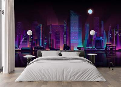 Modern metropolis streets shrouded in darkness cartoon vector background. Futuristic skyscrapers buildings illuminated with neon color lights and moonlight on seashore illustration. Urban architecture Wall mural