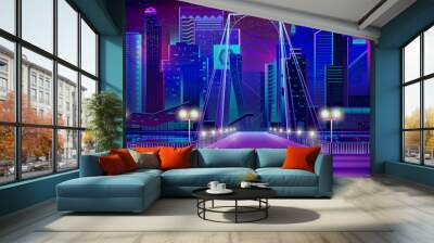 Night city with neon lights, bridge entry front view and quay with glowing lamps illumination. Futuristic cityscape background. Modern town buildings exterior architecture. Cartoon vector illustration Wall mural