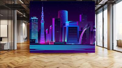 night landscape of metropolis on river shore cartoon vector illustration with illuminated neon light Wall mural