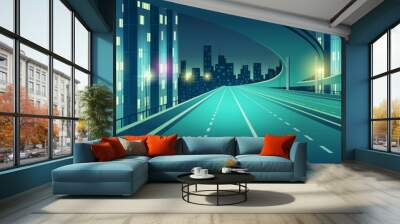 Night metropolis empty, four-lane, illuminated with street lights speed highway, town freeway with overpass or bridge in above going to skyscrapers buildings on horizon cartoon vector illustration Wall mural