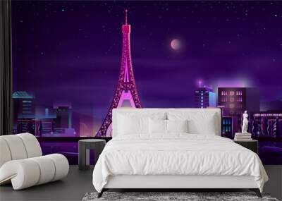 Paris quay night landscape cartoon vector in neon colors with illuminated Eiffel Tower reflecting in river water illustration. Europe famous touristic attraction. Honeymoon romantic travel in France Wall mural