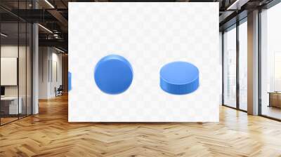 Plastic bottle caps set isolated on transparent background. Blue round corrugated lids design for mineral water or beverage flask top and side view. Realistic 3d vector illustration, icon, clip art Wall mural