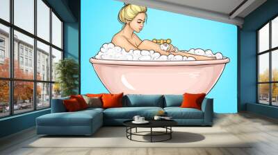 Pretty, blond woman sitting in retro looking, ceramic, metal pink color, freestanding bath on feet, taking bath with soft soap foam pop art vector illustration. Women skincare cosmetics ad template Wall mural