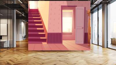 Room interior vector illustration of retro corridor or hallway entrance with furniture. Cartoon flat background of apartment stairs, coat and hat on hanger, shoe drawer and flower in vase on table Wall mural