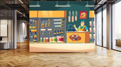 Tools store, hardware construction shop interior with salesman stand on counter desk showing thumb up and showcases with diy instruments on shelves for carpentry works Cartoon vector illustration Wall mural