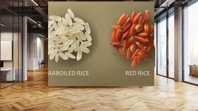 Two handfuls of white parboiled and red cargo rice, isolated on a brown background, realistic vector. Healthy diet, vegetarian food, design element Wall mural