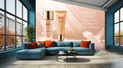 Vector 3D cosmetic illustration for the promotion of foundation premium product. Colorstay make-up in glass bottle and tube on a soft beige background with a feather Wall mural