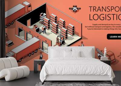 vector 3d isometric site template with warehouse, truck and people. landing page in thin line style, Wall mural