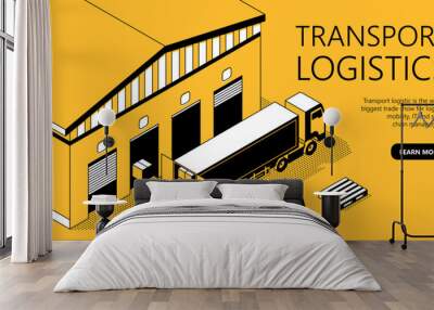 vector 3d isometric site template with warehouse, truck. thin line art, portal with button for trans Wall mural