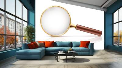 Vector 3d realistic magnifying glass in golden rim, brown wooden handle. Science tool with transparent lens isolated on white background.Optical device for research, exploration. Instrument to magnify Wall mural