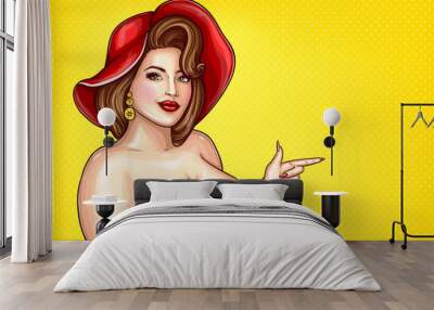 Vector brunette overweight woman in striped blouse, red hat on yellow dotted background, pop art plus size model with big breast pointing a finger at discounts, sale. Fashion illustration Wall mural