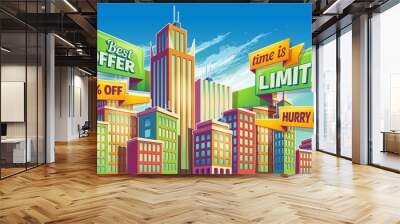 Vector cartoon illustration, banner, urban background with modern big city buildings, skyscrapers, business centers and space for your text. Advertising banner for real estate agency Wall mural