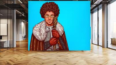 Vector cartoon illustration of medieval magician in leather armor, with fur cloak and glasses, with a magical wooden staff in his hands. Pop art man, dressed in carnival costume of mage goes for party Wall mural