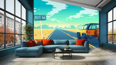 Vector cartoon landscape of barren desert with long highway. Car rides along asphalt road to canyon. Route 66, roadway with pointer, skyline with sandy wasteland. Travel concept background Wall mural