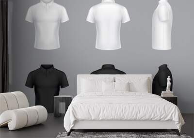 Vector collection of 3d realistic white and black polo t-shirts. Short sleeves, fashion design. Clothes in different views - side, back and front. Man classic clothing isolated on grey background. Wall mural