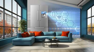 Vector concept of smart house , iot, wireless digital technologies to manage and control household appliances from anywhere. Background with refrigerator and blue virtual interface with icons Wall mural